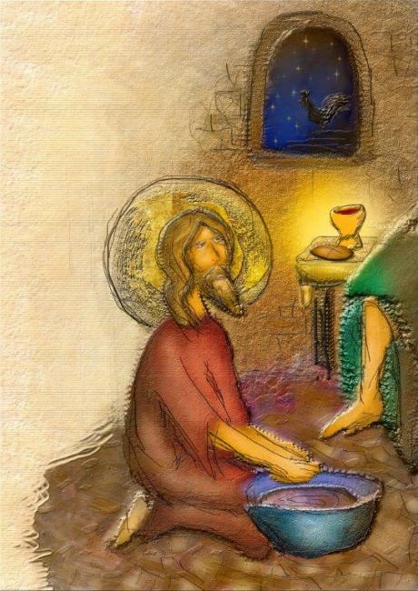 Jesus kneels and washes the feet of a disciple